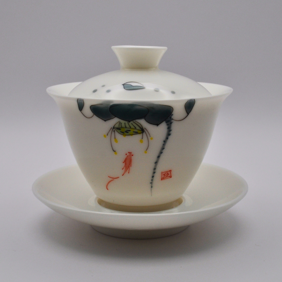 Porcelain Gaiwan, 150ml. Hand-Painted Lotus and Goldfish