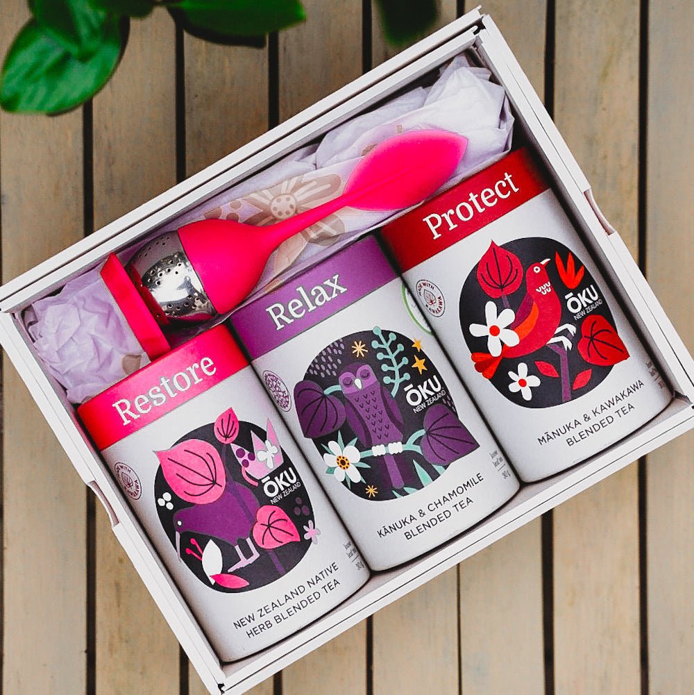 OKU Aroha Gift Box, complete set with Restore, Relax, Protect tea and infuser