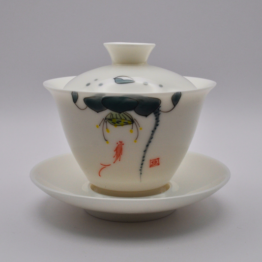 Porcelain Gaiwan, 150ml. Hand-Painted Lotus and Goldfish