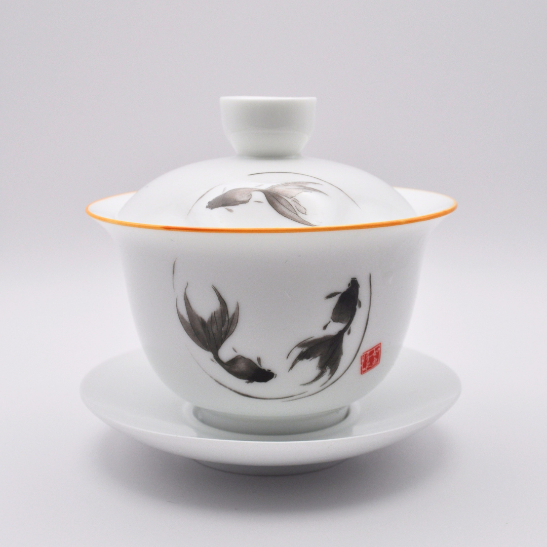 Porcelain Gaiwan, 250ml. Hand-Painted Goldfish