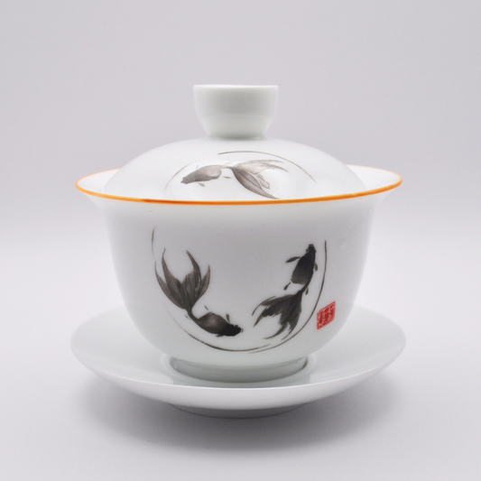Porcelain Gaiwan, 250ml. Hand-Painted Goldfish